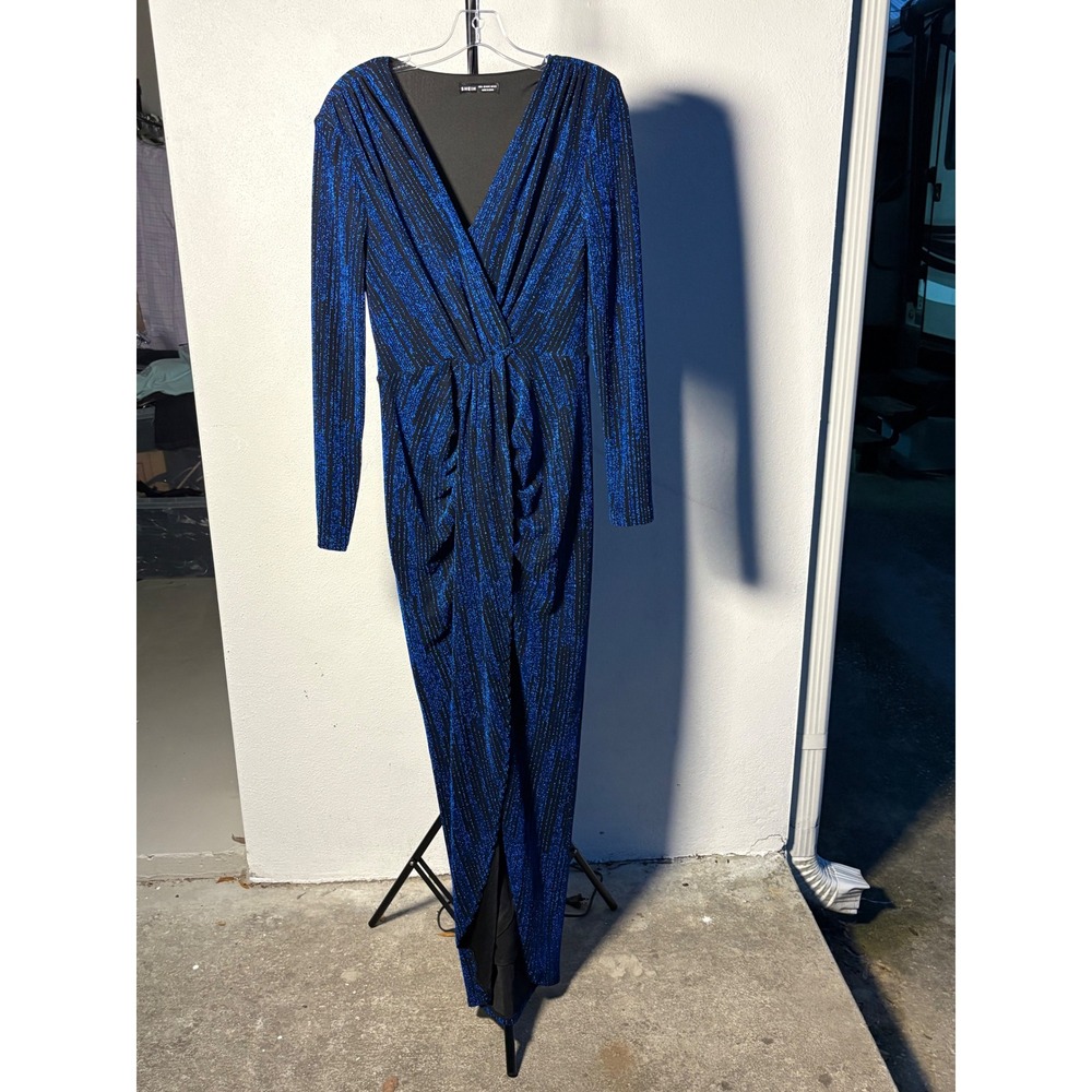 SHEIN Blue Black‎ Metallic Glitter Striped Long Sleeve V-Neck Maxi Dress Large